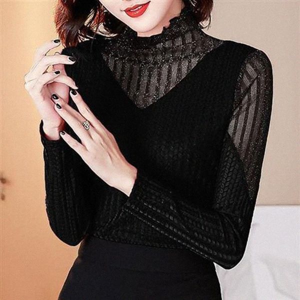

women's spring autumn style lace blouse shirt turtleneck patchwork hollow out mesh korean slim sp1197 blouses & shirts j5cw#, White