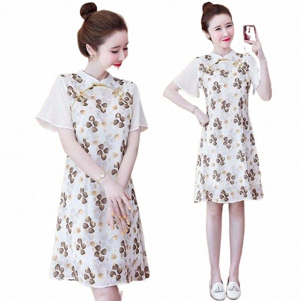 

plus size -4xl chiffon summer short sleeve qipao women chinese modern cheongsam a-line dress party traditional clothes new year v8vq#, Red