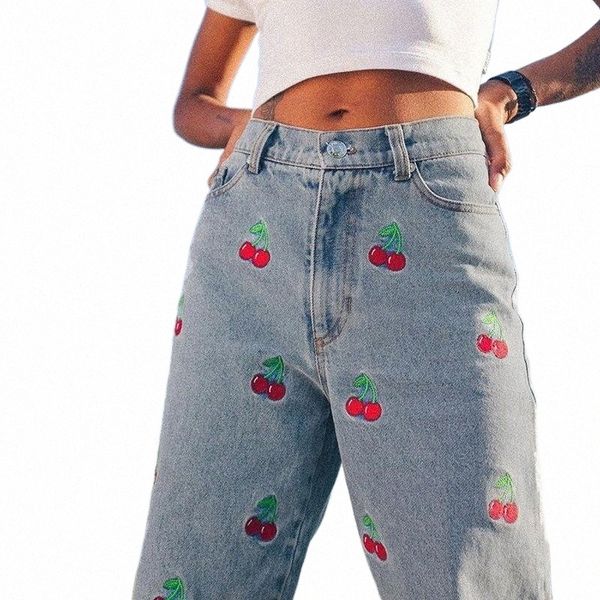 

cherry embroidery women's jeans harajuku 90s vintage high waist y2k denim pants fashion street female pencil long trousers 93rr#, Blue