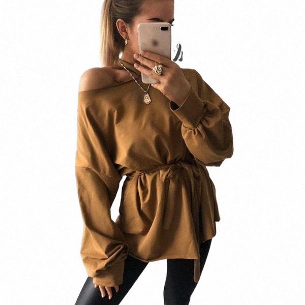 

solid women cold shoulder sashes casual loose long sleeve shirts 2021 summer blouse color women's blouses & m78d#, White