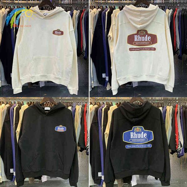

hoodies 2022fw quality cotton rhude hoodie men women 1 1 oversized black apricot sweatshirts streetwear pullovers tags