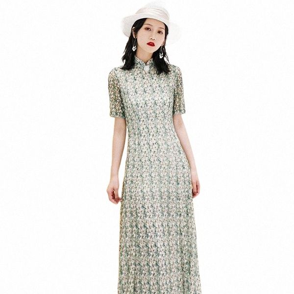 

green exquisite lace long cheongsam women summer elegant mandarin collar chinese a-line dress short sleeve novelty qipao s-3xl 56sc#, Red