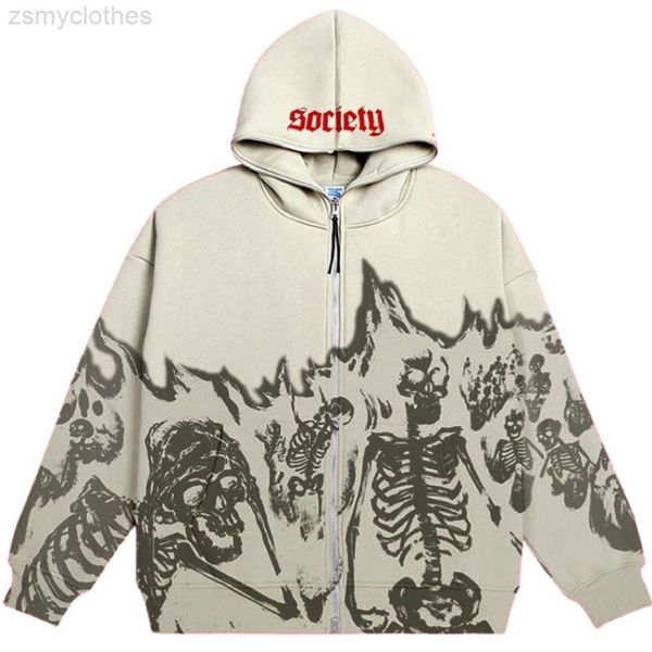 

men anime skull hoodies women vintage gothic zip up long sleeve streetwear loose coats harajuku letter print hooded sweatshirts, Black