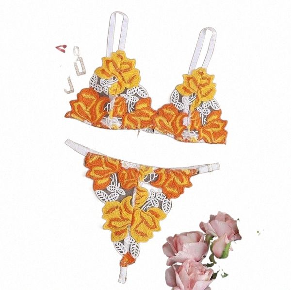 

women embroidery fashion lace flower underwear panties sets v-neck yellow breathable no steel ring bra thong lingerie bras b1vn#, Red;black