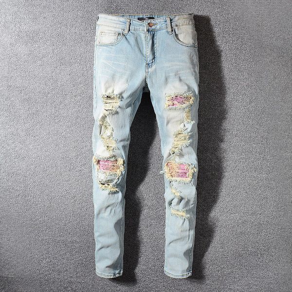 

men's jeans retro light blue ripped jeans pink patch stitching slim pencil pants