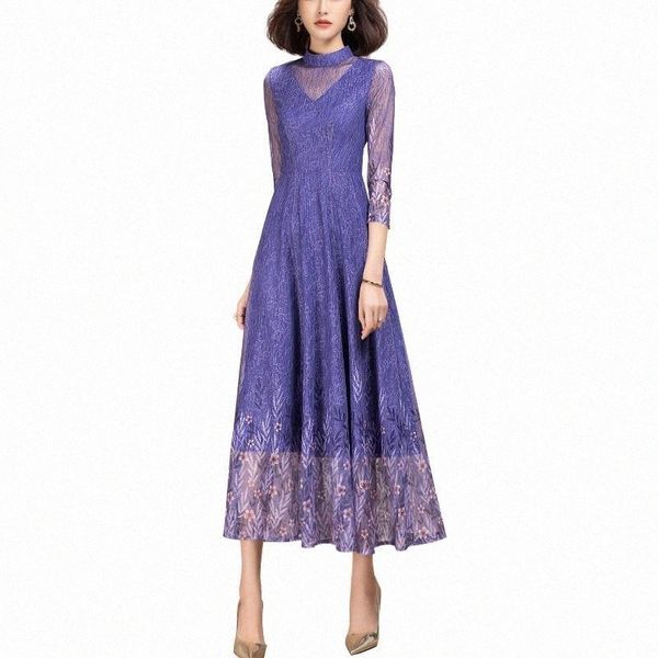 

fashion latest 2021 spring three quarter sleeve purple lace a line dress for women n2li#, Black;gray