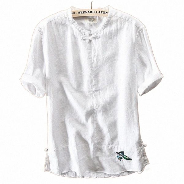 

men's o-neck short sleeve t-shirt with chinese embroidery white blue khaki summer casual t-shirts men linen tees for men k1gd#, White;black