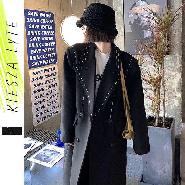 

women s fur faux woolen coat winter korea casual loose open line big lapel jackets outerwear female 220915, Black