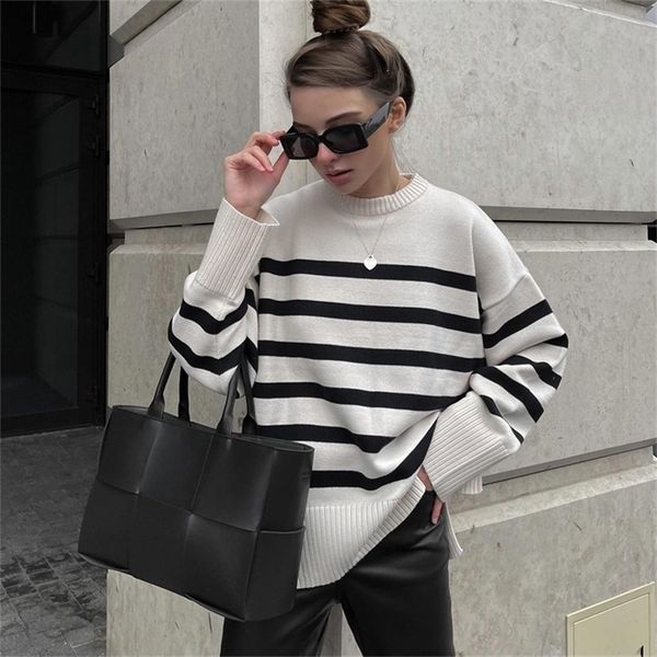 

women's knits tees ladies autumn winter striped knitted loose sweater women pullover long sleeve o neck casual streetwear women sweate, White