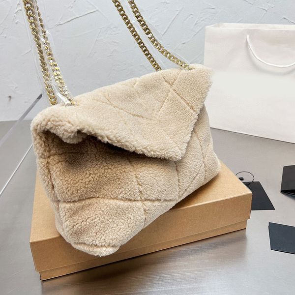 

sheepskin handbag women shoulder bag chain crossbody bags metal hardware letter flap pouch fashion lambs wool cell phone pocket clutch purse