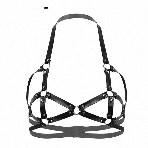 

women open cups bras punk gothic faux leather erotic lingerie halter neck hollow out strappy rivets caged bra x38r#, Red;black