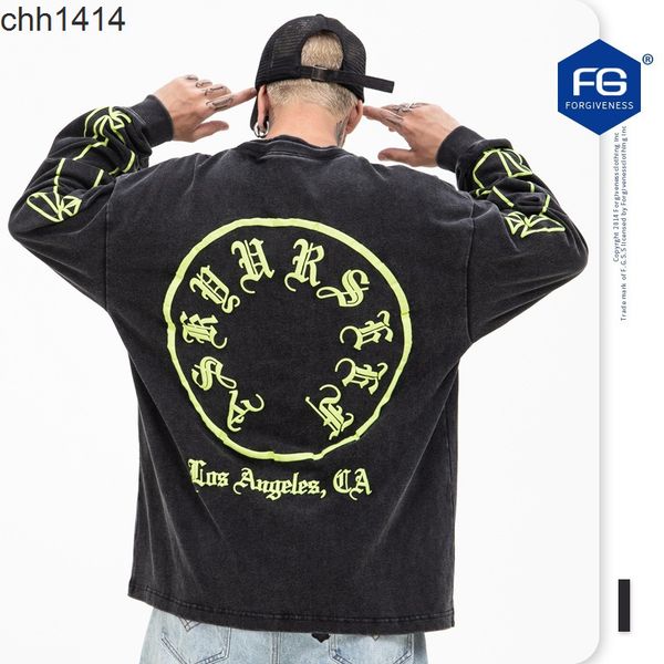 

2021 autumn new fashion brand high street used washed gothic sanskrit letter loose long sleeve t-shirt, Black