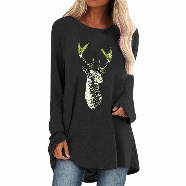 

#40 s-3xl women fashion casual christmas deer print o-neck loose long sleeve blouse pullover plus size blusas mujer de moda women's blo, White