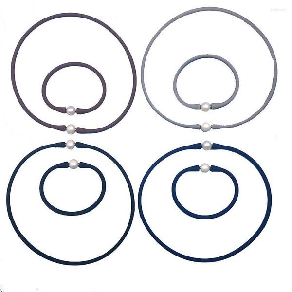 

necklace earrings set ljhmy elastic silicone rubber band with white pearl beads bracelet jewlery sets for women, Silver