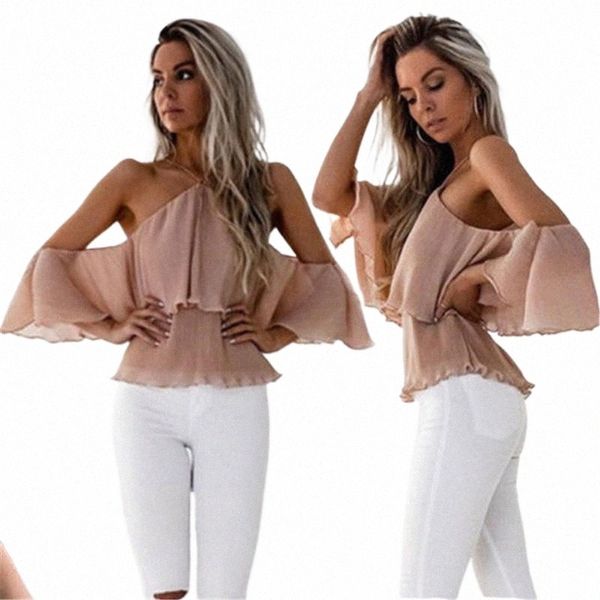 

summer womens ladies halter ruffles off shoulder chiffon pullover shirt blouse casual loose high street fashion women's blouses & 98nf, White