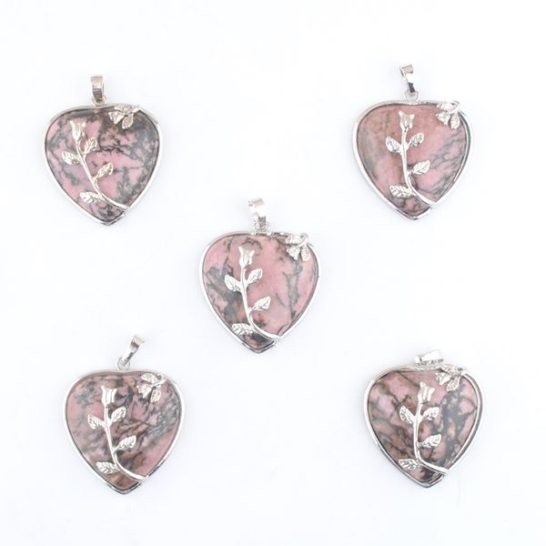 

natural rhodonite stone pendants love heart silver plated flower healing reiki chakra bead fashion jewelry dn3665