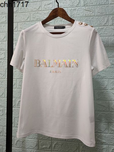 

spring and summer new barman color laser barman shoulder gold button gilded letter cotton short sleeve t-shirt, White