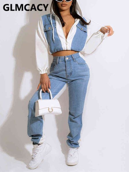 

women's two piece pants women two piece denim suits long sleeve hooded zip up casual slim pants set t220902, White
