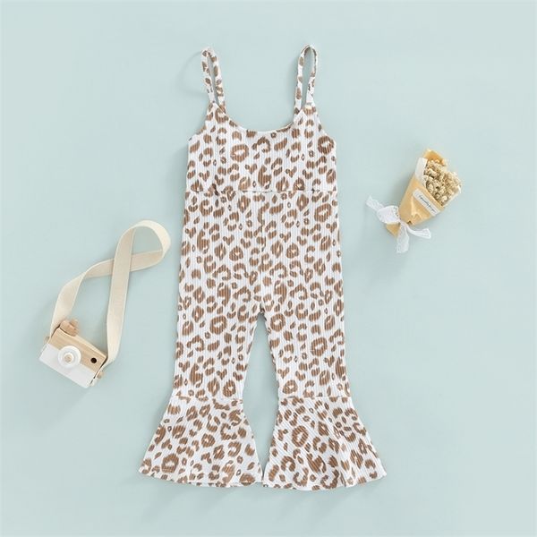 

rompers 15y fashion children girls jumpsuits summer toddler kids ribbed leopard print sleeveless flare pants 220915, Blue