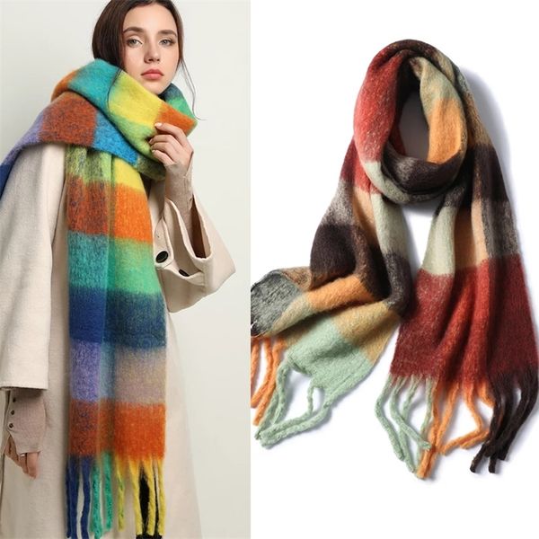 

scarves women plaid scarf winter pashmina shawls cashmere thick wraps lady tassel warm rainbow hairy bufanda 220914, Blue;gray