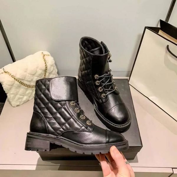 

black platform boots designer womens ankle martin booties woman bottes lace-up real leather chain buckle chunky heel combat boot
