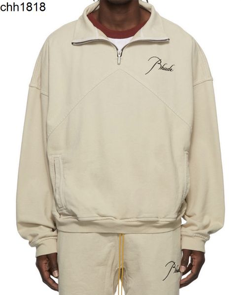 

high version early autumn new fashion rhude stand collar half zip embroidery stitched men's and women's sweaters, Black