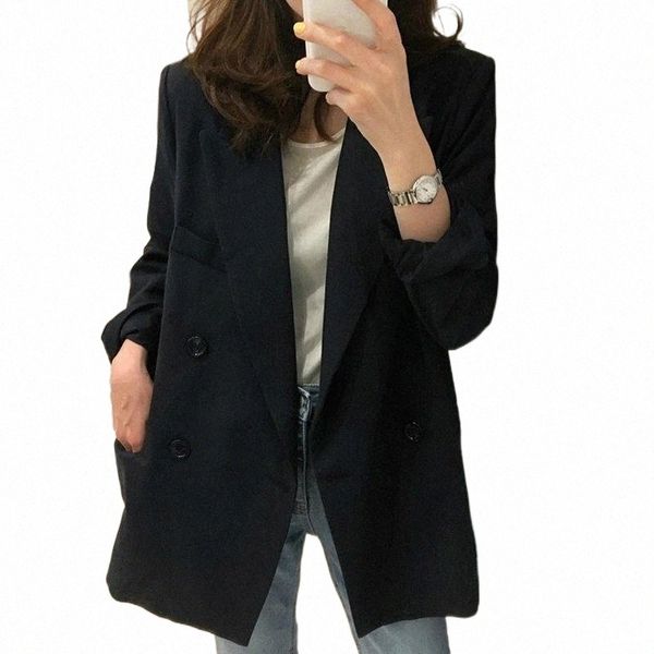 

women suit korean style loose casual fashion long sleeve black plus size girls double breasted blazer ladies office wear women's suits, White;black
