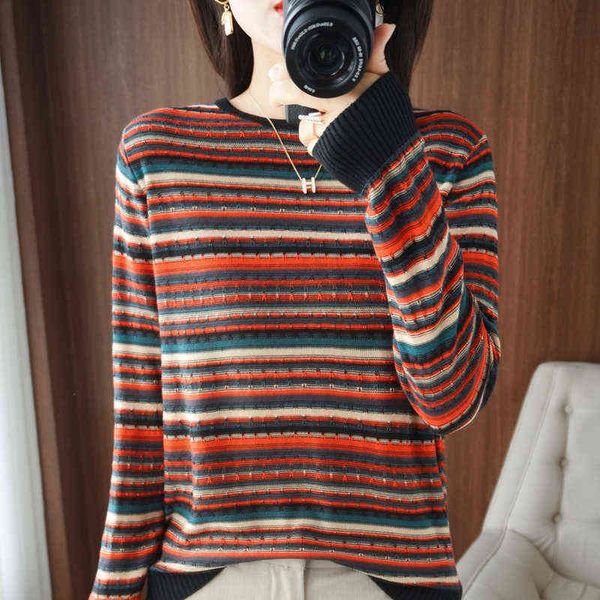 

women's sweaters new spring and autumn women's thin long sleeve crewneck sweater loose striped knit sweater versatile t220905, White;black