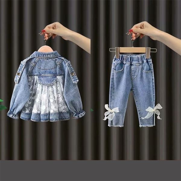 

coat childrens denim jackets trench jean embroidery girls kids clothing baby lace coat casual outerwear spring autumn 220915, Blue;gray