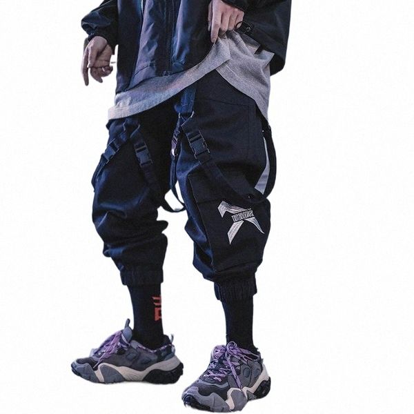 

men's pants harajuku loose cargo men hip-hop dark ribbon sweatpants autumn elastic waist bungee jogging mens clothing y8uv#, Black
