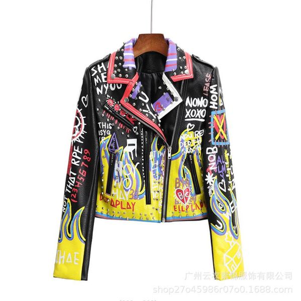 

europe and america leather jacket women fashion graffiti colorful print moto biker jackets and coats punk streetwear ladies clothes w283, Black