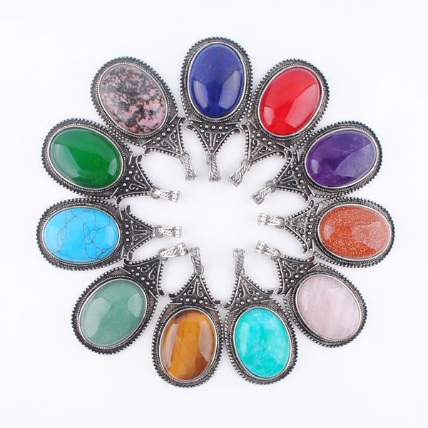 

vintage jewelry pendulum pendants natural oval stone beads agates opal amethysts jades retro ancient silver for women jewelry gift bn378