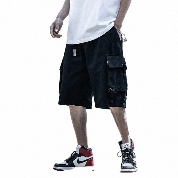 

ribbons hip hop cargo shorts men harajuku streetwear loose casual short pants multi-pocket baggy track summer joggers techwear men's j2, White;black