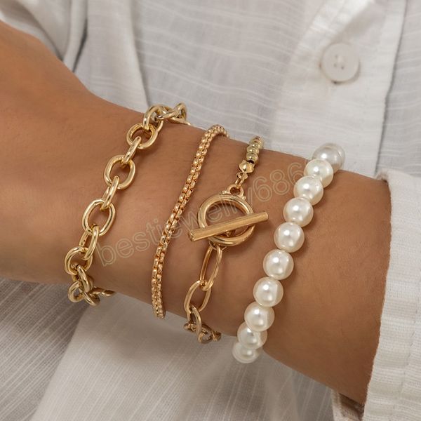 

boho imitation pearl beaded bracelet women's retro fashion creative gold color beads o-chain bracelets girls birthday jewelry, Golden;silver
