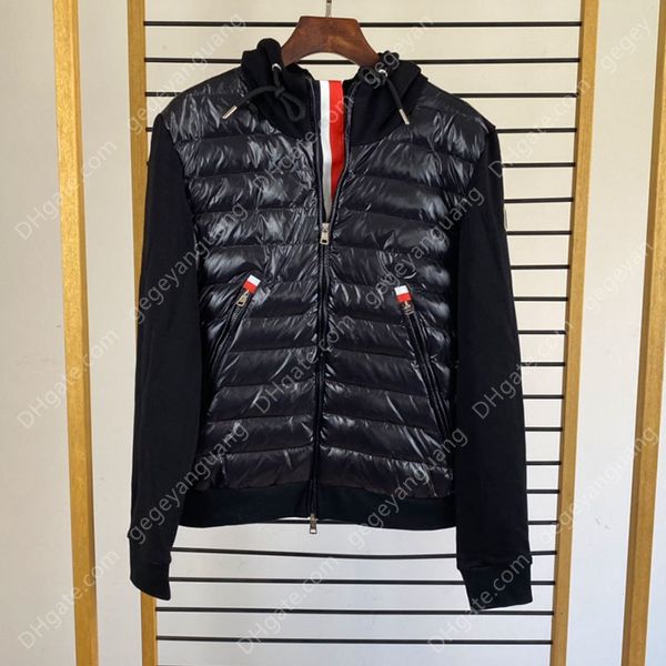 

sweater stitching men's fashion color placket casual down jacket drawstring hooded windbreaker, Black