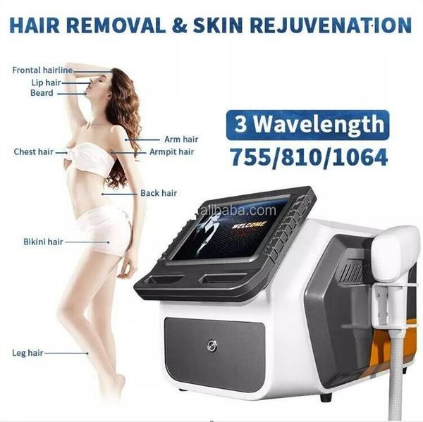 

professional diode permanent hair removal laser triple wavelength 755 810 1064nm epilator facial skin rejuvenation suit for all kinds skin p, Black