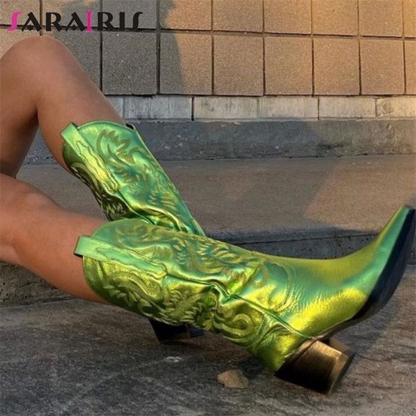 

boots sarairis retro mid calf cowboy cowgirl chunky heel knee high platform women trendy stylish western shoes 220914, Black
