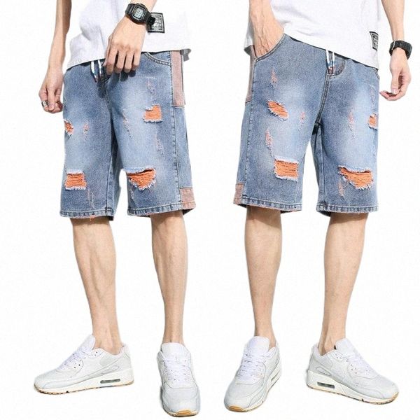 

men's shorts 2021 summer fashion holed denim thin youth trend korean versatile elastic waist casual sports capris a55h#, White;black