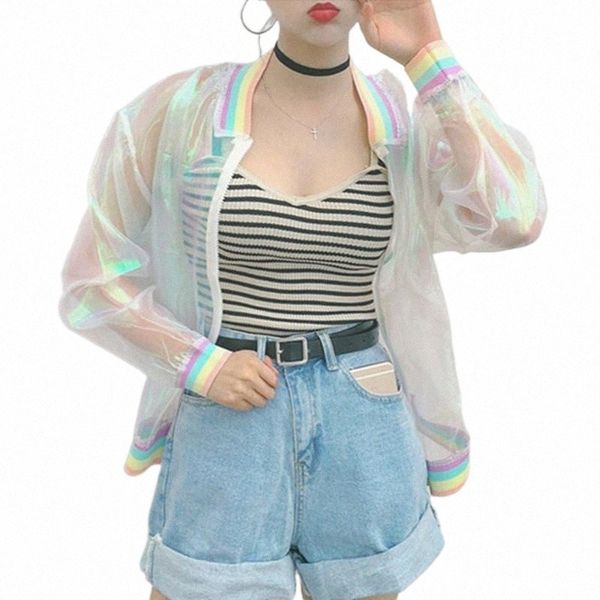 

women iridescent transparent jackets sweet rainbow collar loose bomber kawaii laser sunproof jacket female sun protective coat i3ys#, Black;brown