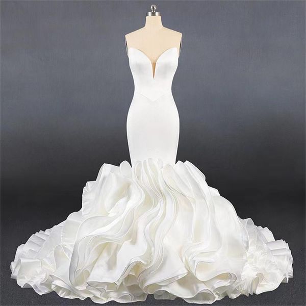 

mermaid wedding dress bridal satin sweet deep v neck fishtail my71007, White
