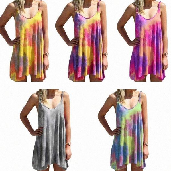 

women loose mini sling dress casual summer sleeveless braided straps u-neck gradient tie-dye irregular hem beach sundress 13lu#, Black;gray