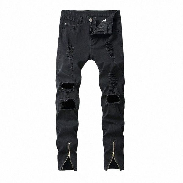 

men's jeans slim fit ankle zip hole ripped male trousers streetwear denim pants fashion stretchs leg opening zipper mens n63e#, Blue