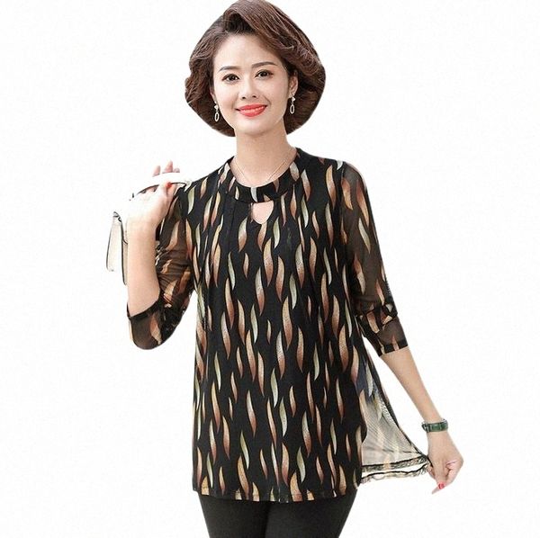 

stretch plus size women lace shirt spring pullovers middle age long sleeve women's blouses & shirts p6t8#, White