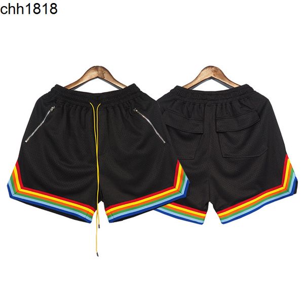

high version us fashion rhude mesh fabric rainbow sports and leisure pants high street loose drawstring shorts men, White;black