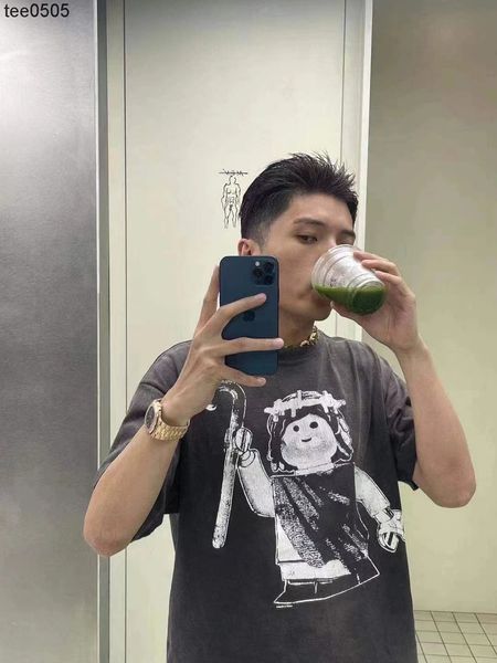 

puppet little man print couple round neck short sleeve high street casual loose t-shirt, White;black