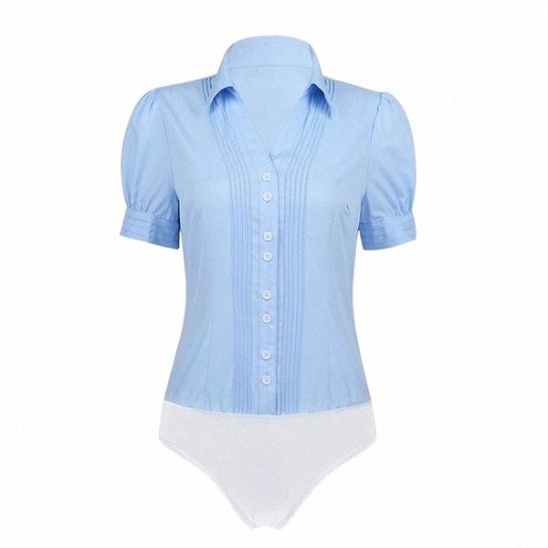 

tiaobug fashion turn-down collar short sleeve ruffled button down casual career ladies romper shirts women bodysuit blouse women's blo, White