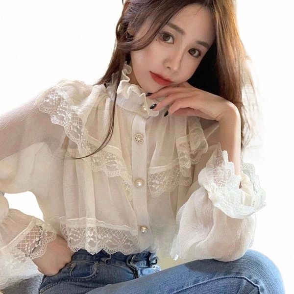 

stand collar chiffon shirt female ruffled long sleeve 2021 loose ladies lace women shirts blusas feminine harajuku 228f women's blouses, White