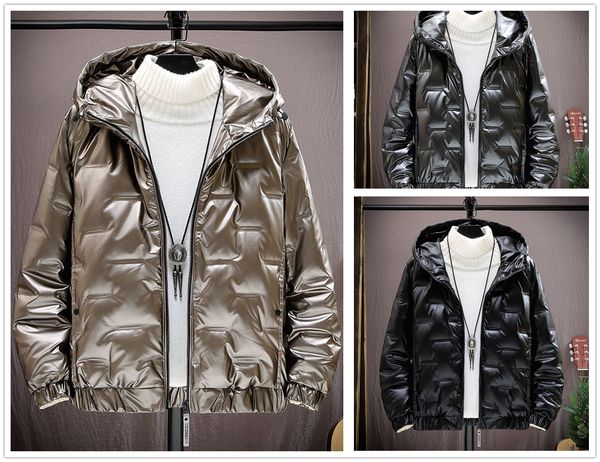

mens winter leisure down jacket large size lightweight hooded bright leather fashion casual white duck warm jackets to prevent cold coats wa, Black