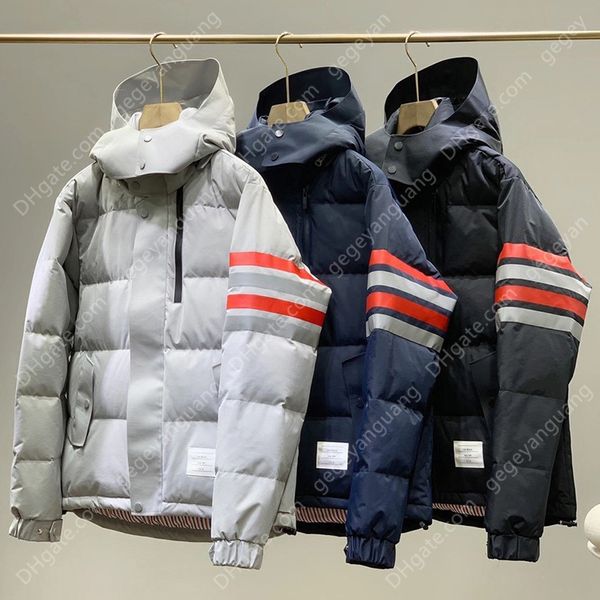 

fashion brand coats men loose hooded down jacket reflective stripes solid thick casual winter clothing, Black