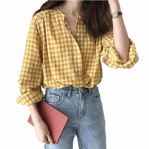 

women blouse v-neck long sleeve plaid korean style cotton autumn female casual shirt women's blouses & shirts f4sk#, White
